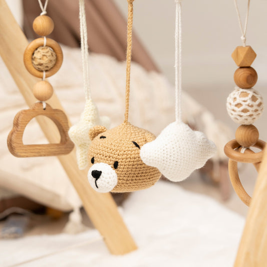 Bear & Cloud Wooden Baby Gym with Crocheted Toys – handmade wooden toy, photo 2