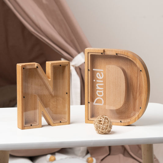 Wooden Letter Piggy Bank with Name Engraving – handmade wooden toy, photo 2