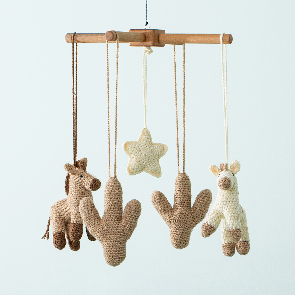 Wooden Baby Mobile, Horse and Cactus Crocheted Toys / PERSONALIZED CROCHET LETTERS