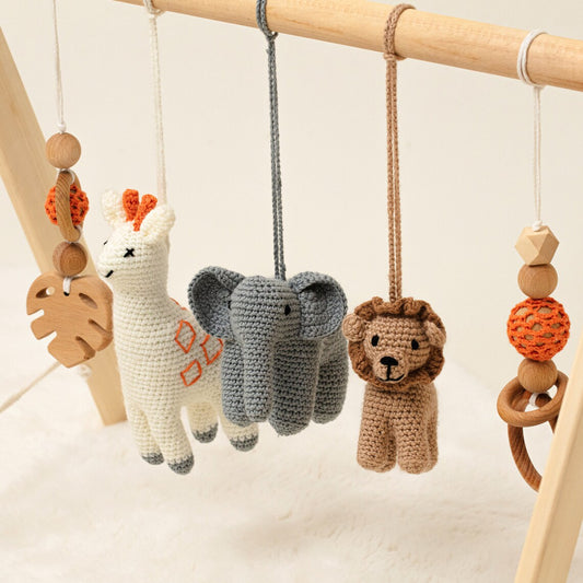 Safari Wooden Baby Gym / Eco Handmade Delight with Crocheted Hanging Toys