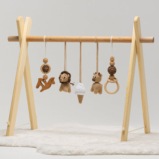 Baby Gym with Crocheted Toys, Wooden Play Gym with 5 Toys, Baby Shower Gift / HANDMADE