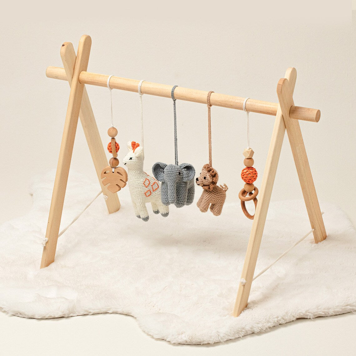 Safari Wooden Baby Gym / Eco Handmade Delight with Crocheted Hanging Toys