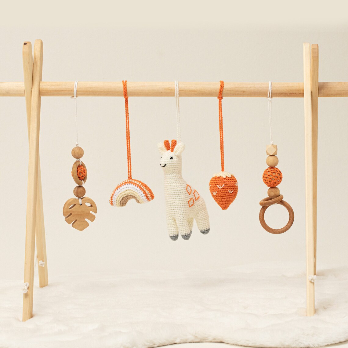 Earthy Tone Baby Gym, Wooden Play Gym with 5 Toys / Infant Activity Center / HANDMADE