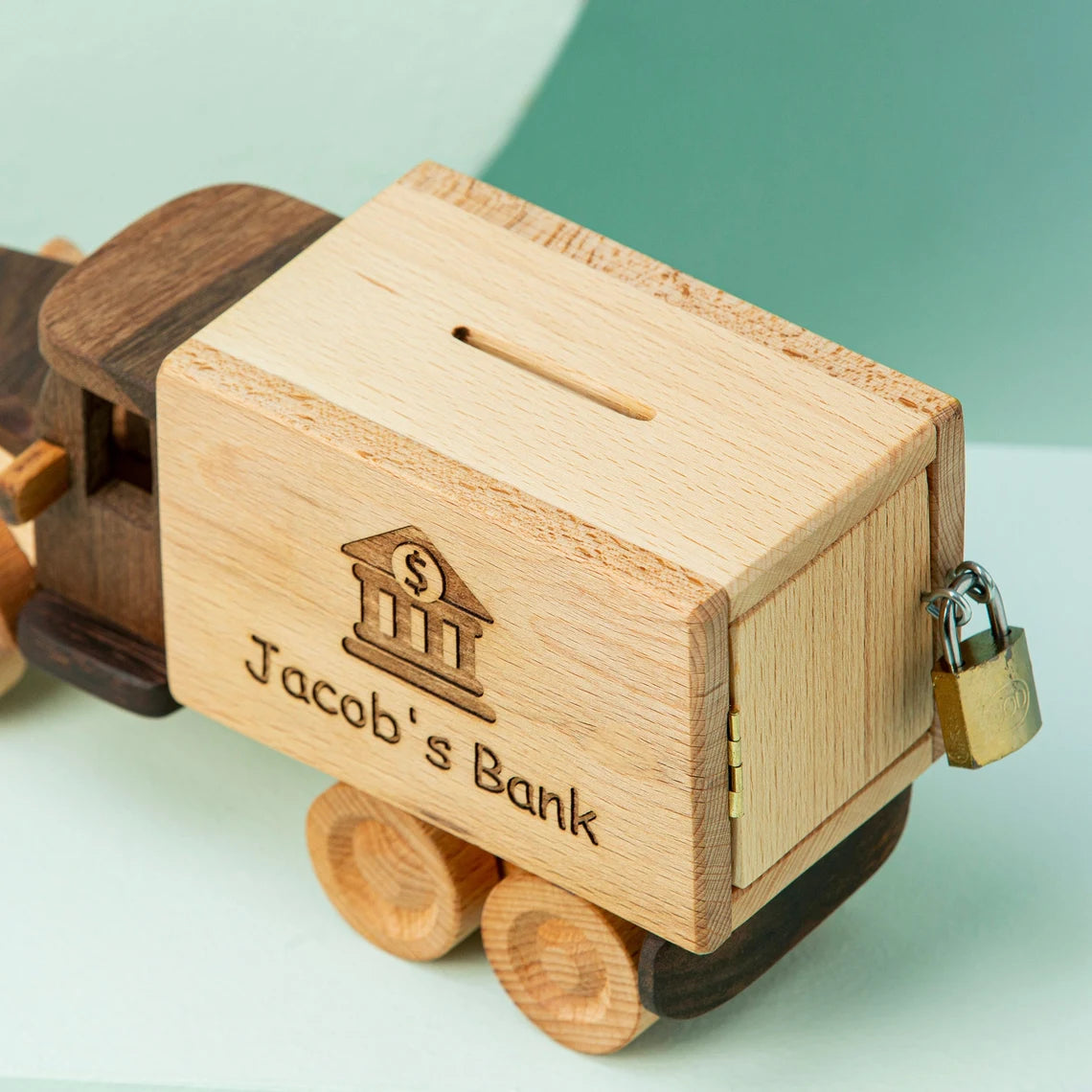 handcrafted wooden piggy bank