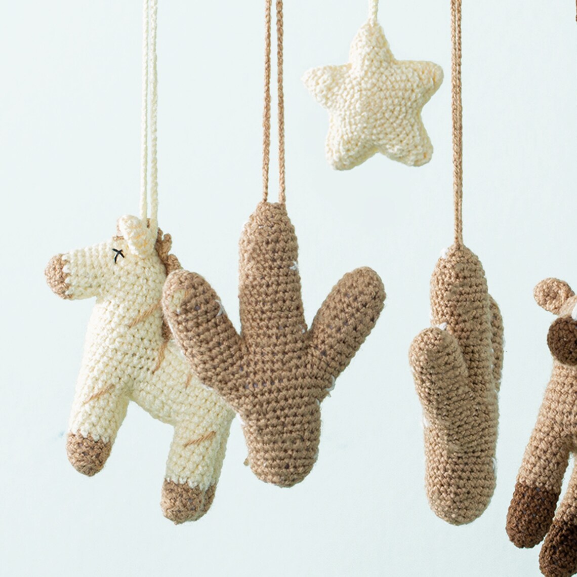 Wooden Baby Mobile, Horse and Cactus Crocheted Toys / PERSONALIZED CROCHET LETTERS