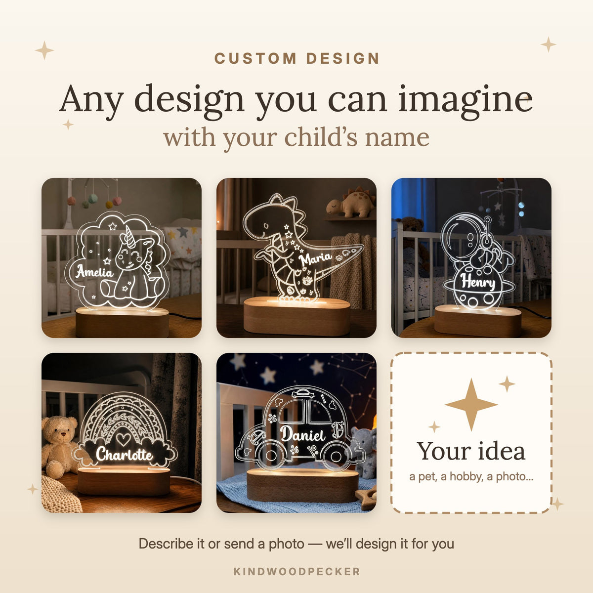 Custom design name night light: describe your idea or send a photo and we design it with your child's name