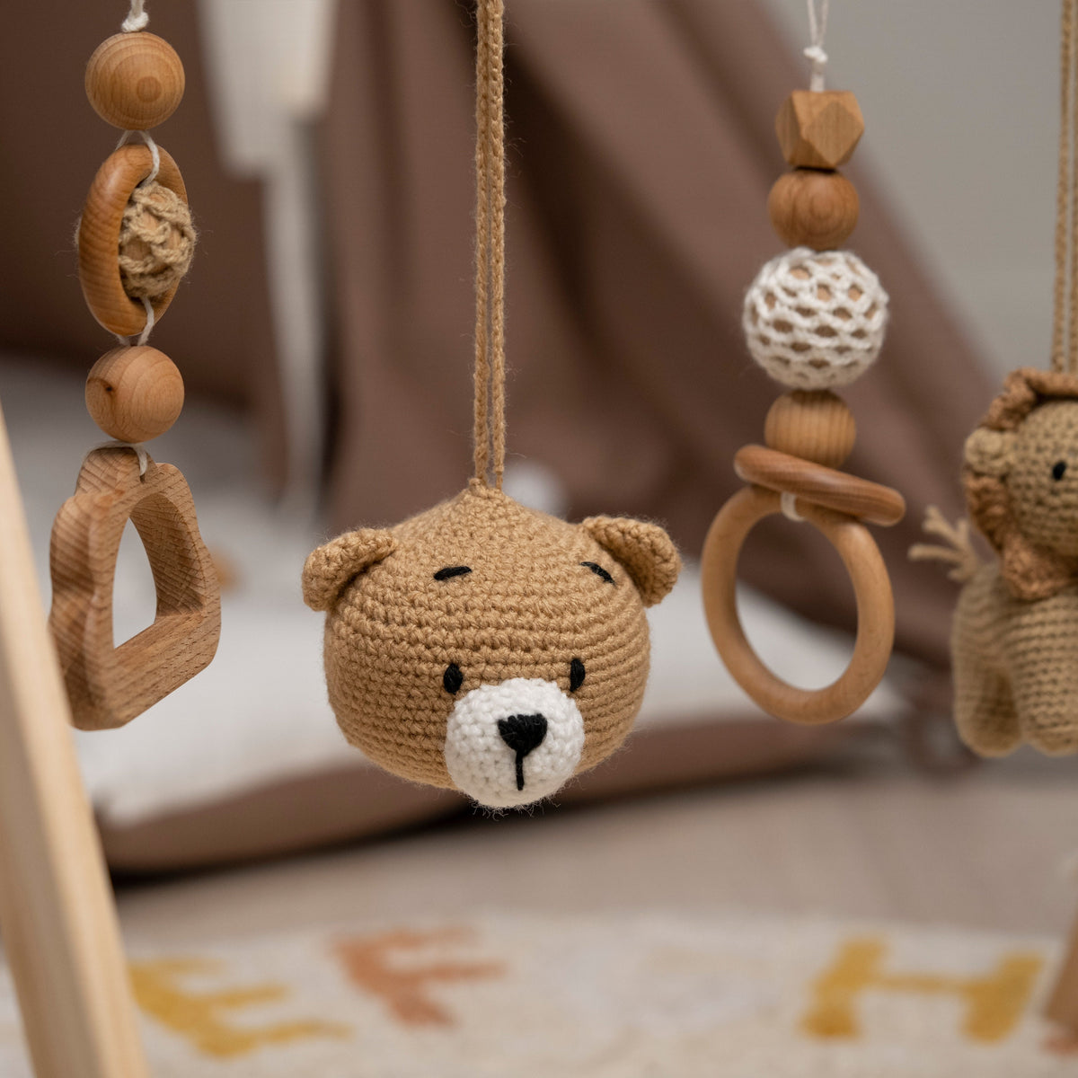 Lion & Bear Wooden Baby Gym with Crocheted Toys – handmade wooden toy, photo 5