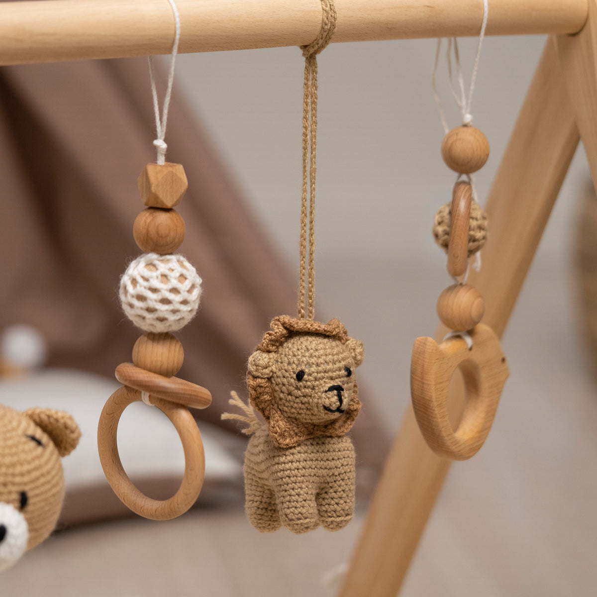 Lion & Bear Wooden Baby Gym with Crocheted Toys – handmade wooden toy, photo 6