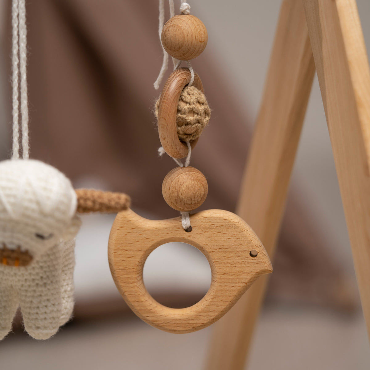Highland Cow Wooden Baby Gym with Crocheted Toys – handmade wooden baby gym, photo 14
