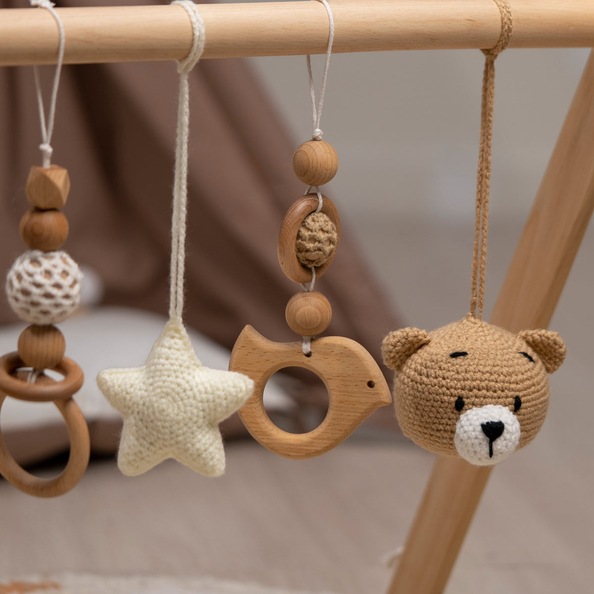 Lion & Bear Wooden Baby Gym with Crocheted Toys – handmade wooden toy, photo 2