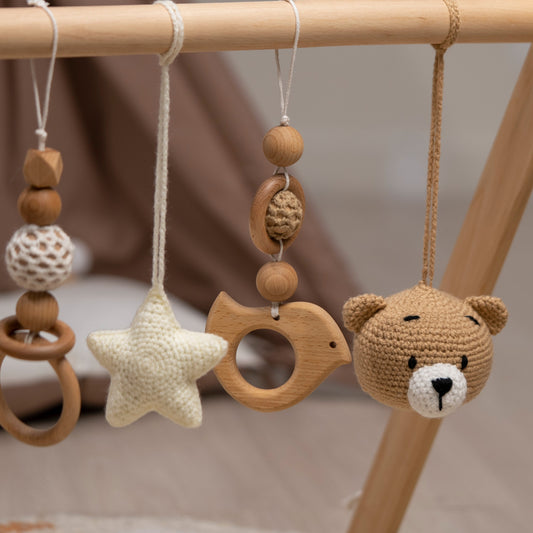 Lion & Bear Wooden Baby Gym with Crocheted Toys – handmade wooden toy, photo 2