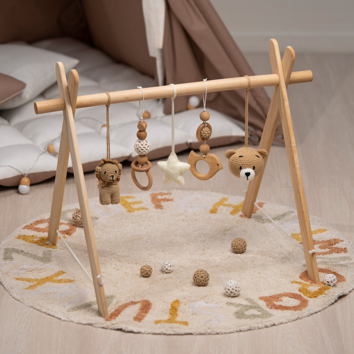 Lion & Bear Wooden Baby Gym with Crocheted Toys – handmade wooden toy, photo 4