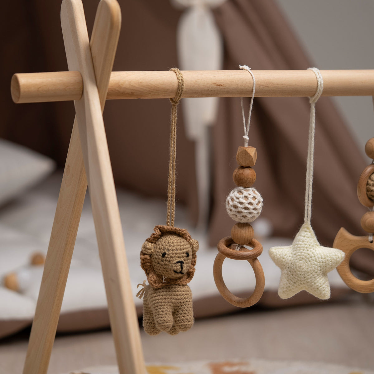 Lion & Bear Wooden Baby Gym with Crocheted Toys – handmade wooden toy, photo 3