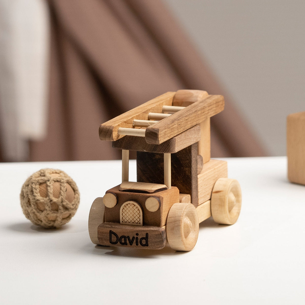 Mini Wooden Ladder Fire Truck – handmade wooden toy, photo 2