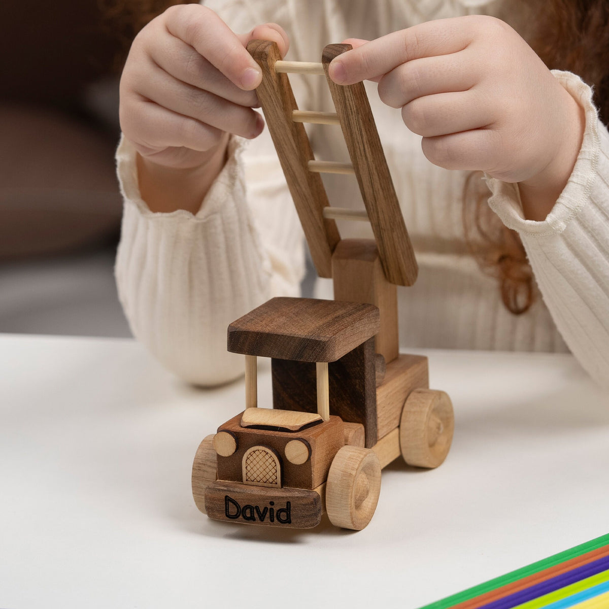 Mini Wooden Ladder Fire Truck – handmade wooden toy, photo 1