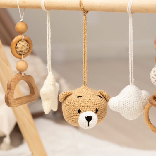 Bear & Cloud Wooden Baby Gym with Crocheted Toys – handmade wooden toy, photo 1