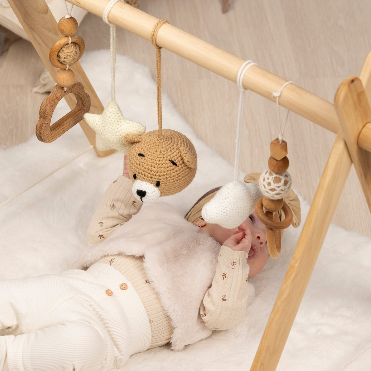 Bear & Cloud Wooden Baby Gym with Crocheted Toys – handmade wooden toy, photo 4
