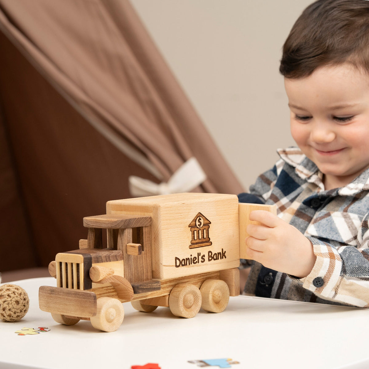 Wooden Truck Piggy Bank with Name Engraving – handmade wooden toy, photo 11