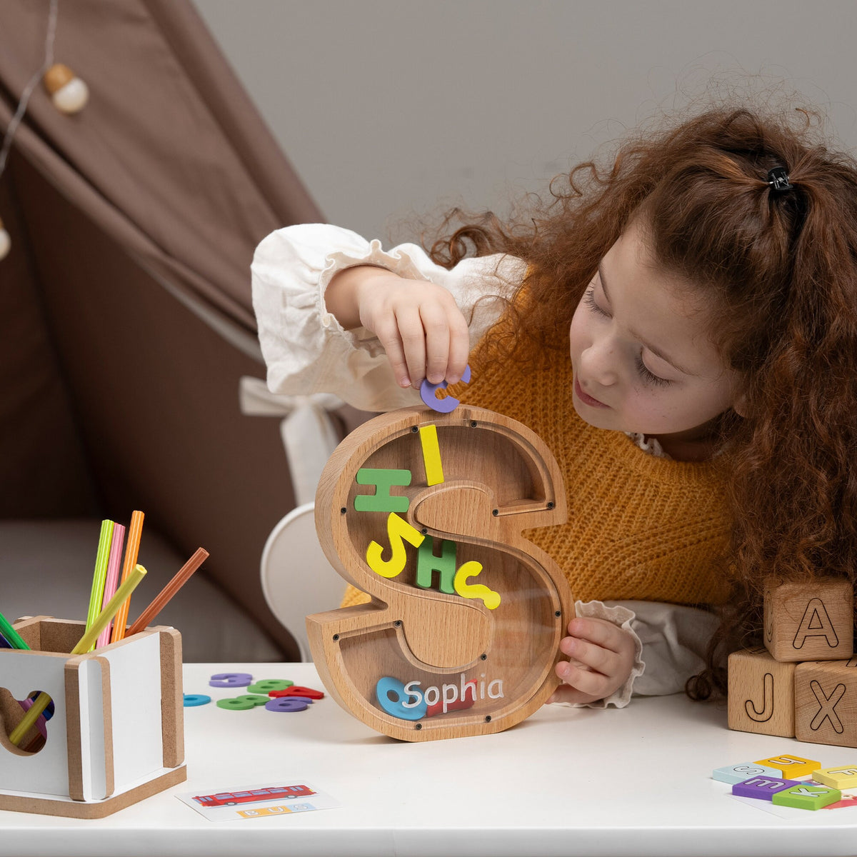 Wooden Letter Piggy Bank with Name Engraving – handmade wooden toy, photo 4