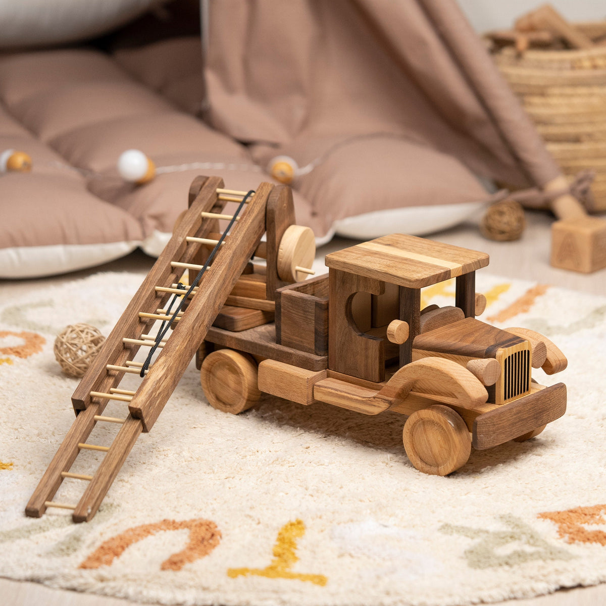 Large Vintage Wooden Fire Truck with Ladder – handmade wooden toy, photo 2