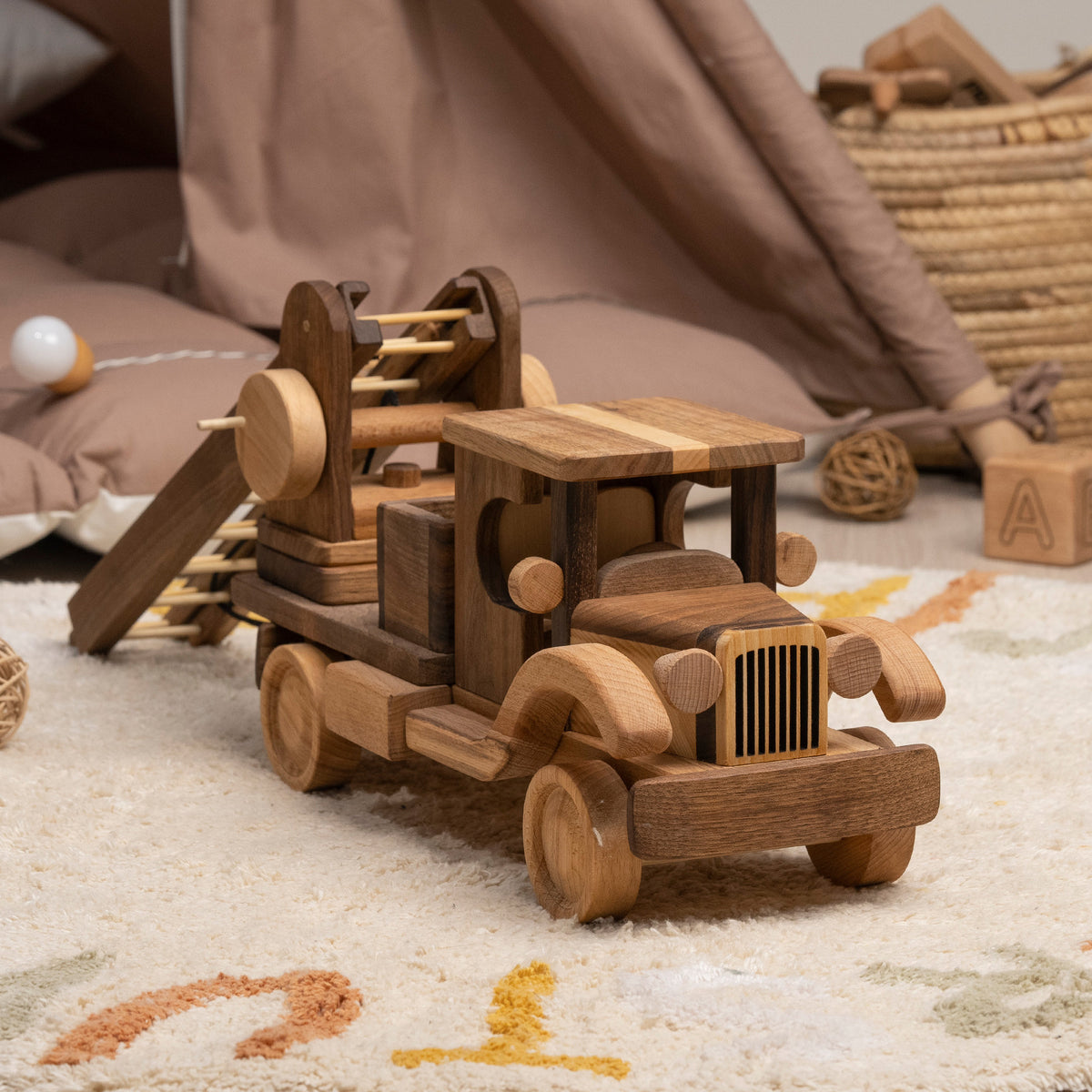 Large Vintage Wooden Fire Truck with Ladder – handmade wooden toy, photo 4