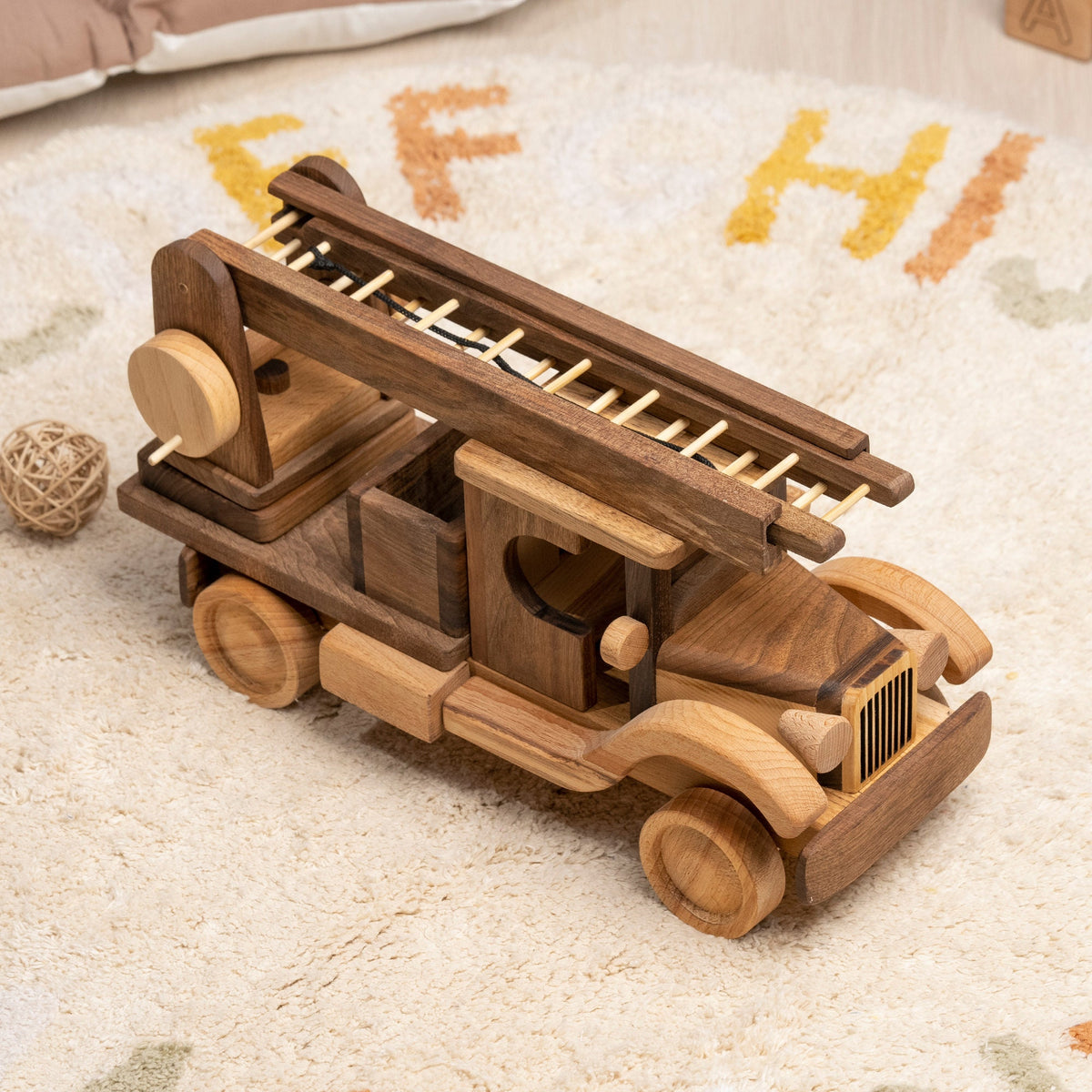 Large Vintage Wooden Fire Truck with Ladder – handmade wooden toy, photo 3