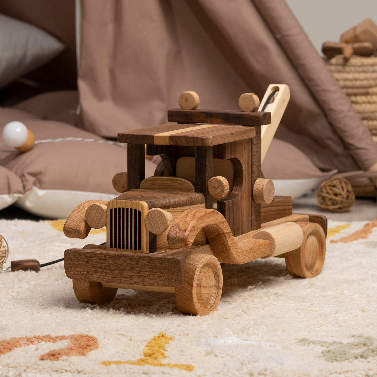 Large Wooden Wrecker Tow Truck with Crane – handmade wooden toy, photo 1