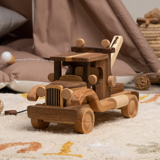 Large Wooden Wrecker Tow Truck with Crane – handmade wooden toy, photo 1