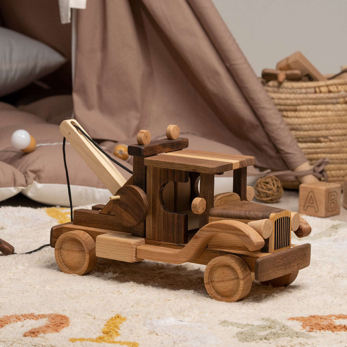 Large Wooden Wrecker Tow Truck with Crane – handmade wooden toy, photo 5