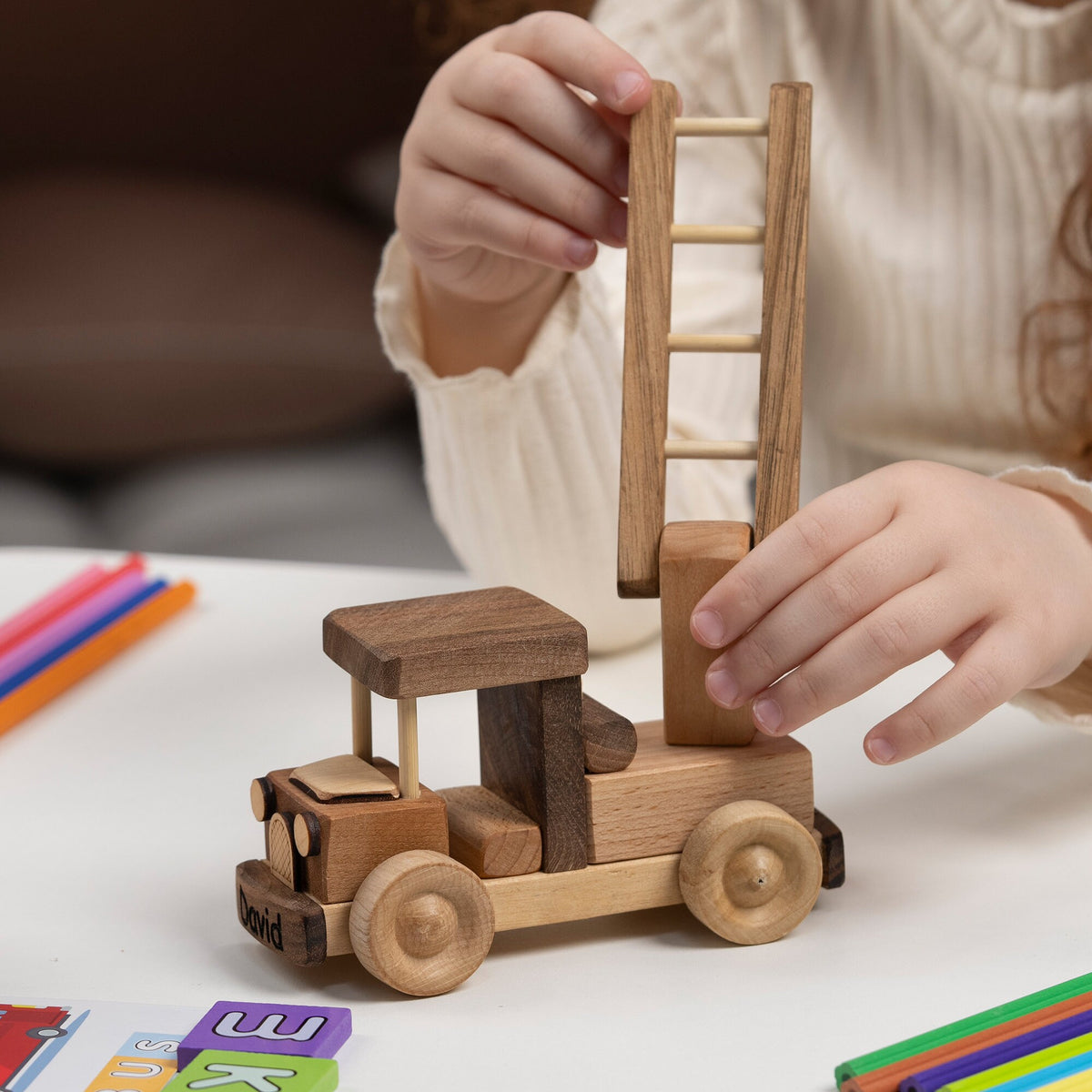 Mini Wooden Ladder Fire Truck – handmade wooden toy, photo 12