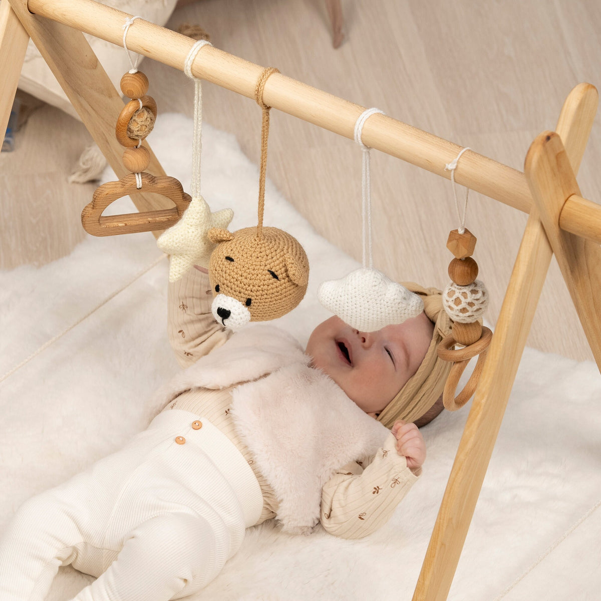 Bear & Cloud Wooden Baby Gym with Crocheted Toys – handmade wooden toy, photo 3