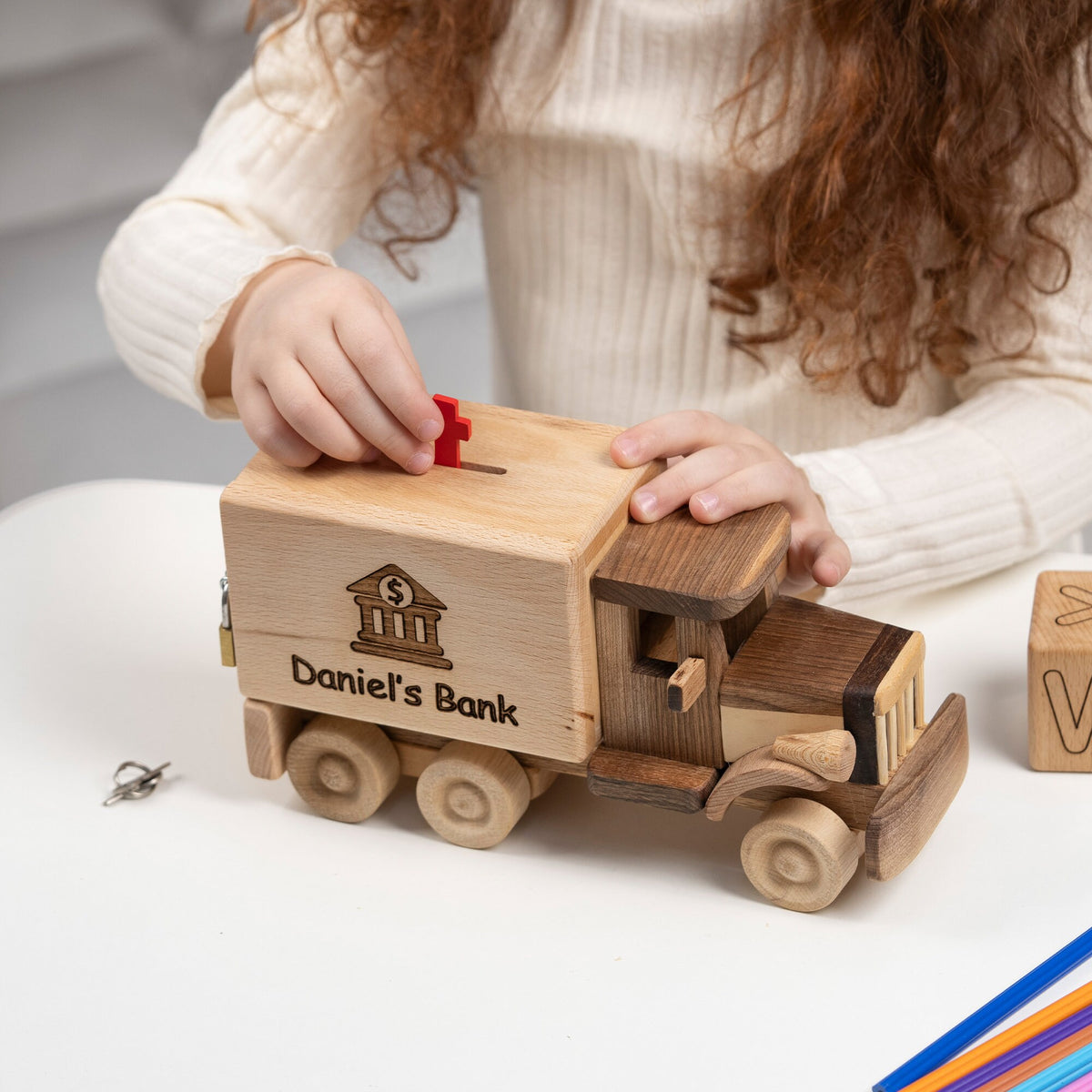 Wooden Truck Piggy Bank with Name Engraving – handmade wooden toy, photo 5