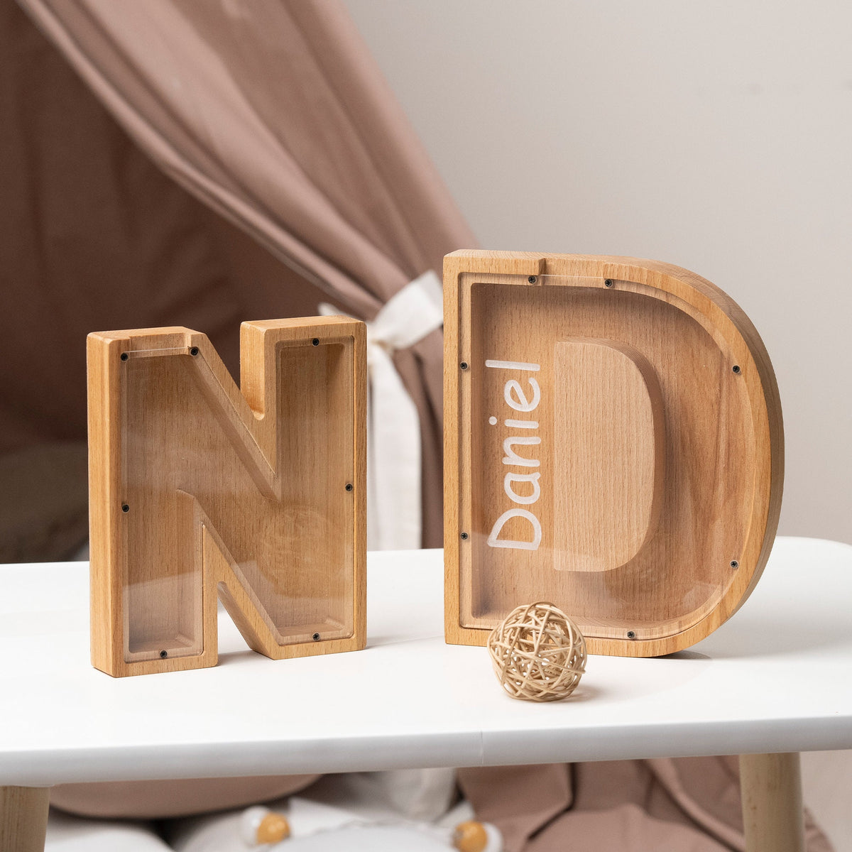 Wooden Letter Piggy Bank with Name Engraving – handmade wooden toy, photo 2
