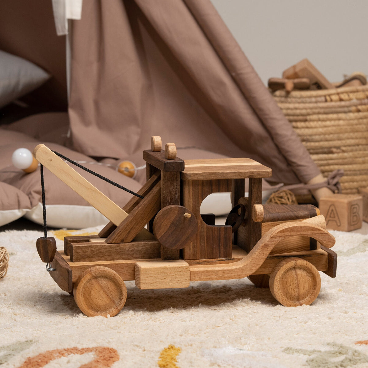 Large Wooden Wrecker Tow Truck with Crane – handmade wooden toy, photo 3