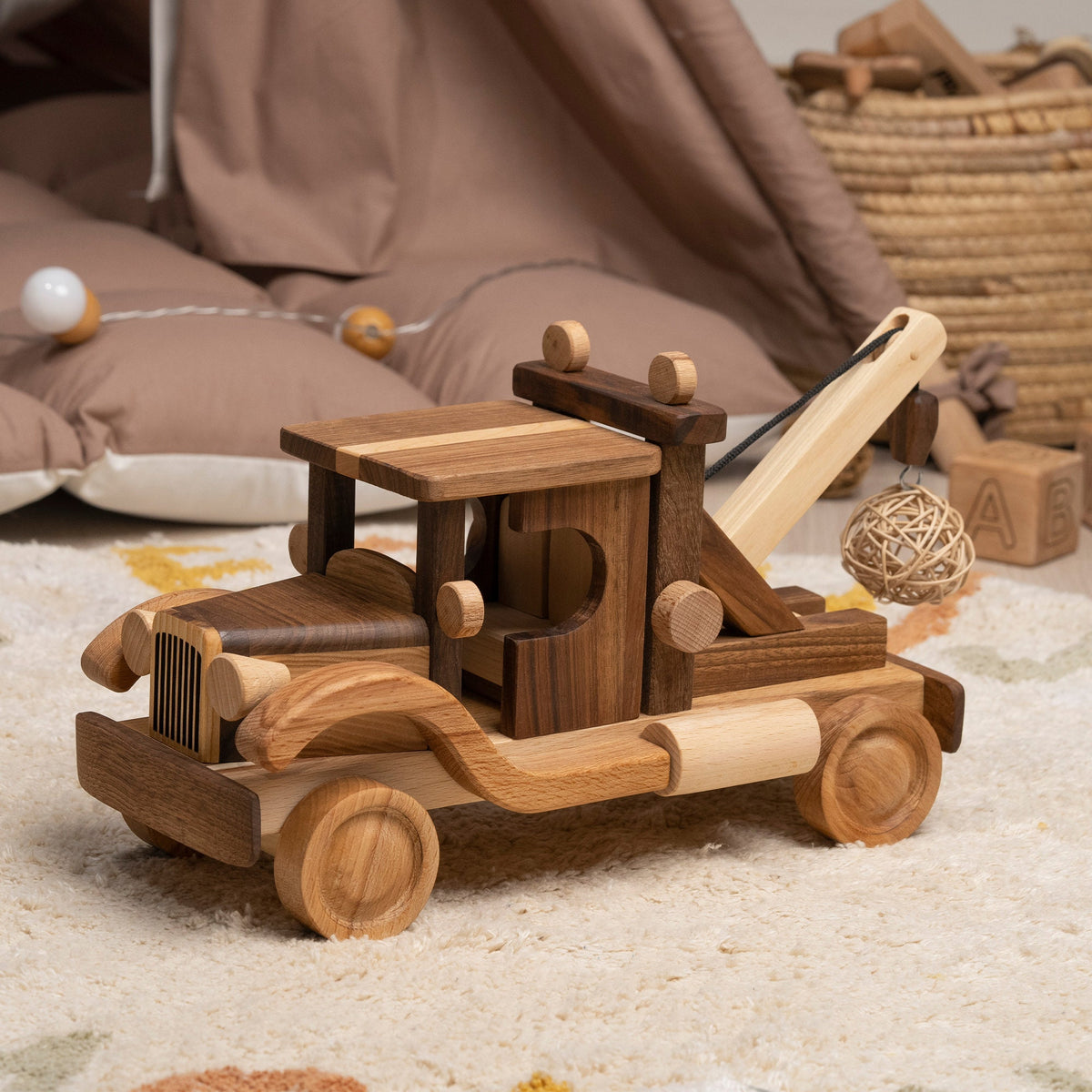 Large Wooden Wrecker Tow Truck with Crane – handmade wooden toy, photo 2