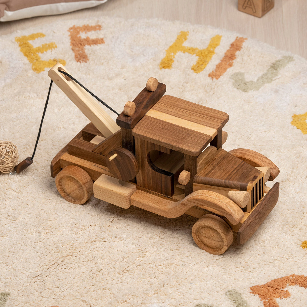 Large Wooden Wrecker Tow Truck with Crane – handmade wooden toy, photo 6