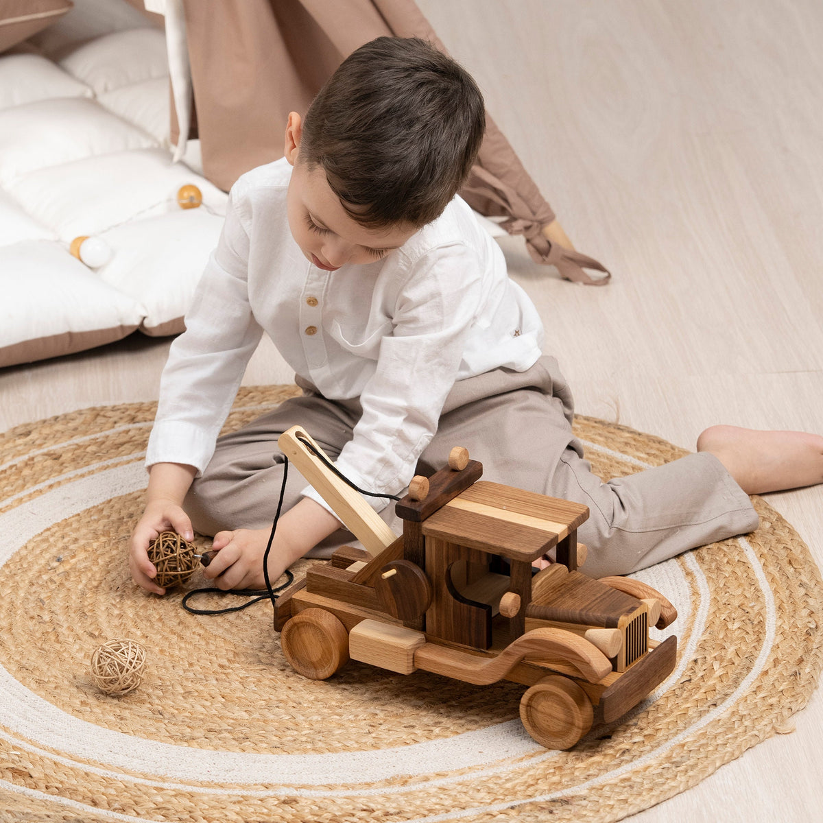 Large Wooden Wrecker Tow Truck with Crane – handmade wooden toy, photo 10