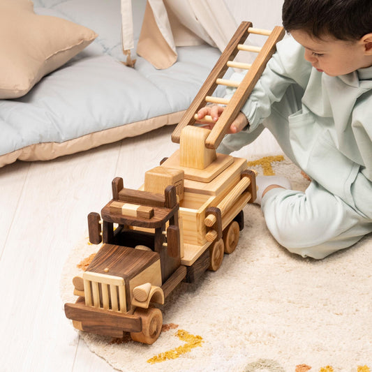 Large Wooden Fire Truck with Extending Ladder – handmade wooden toy, photo 1