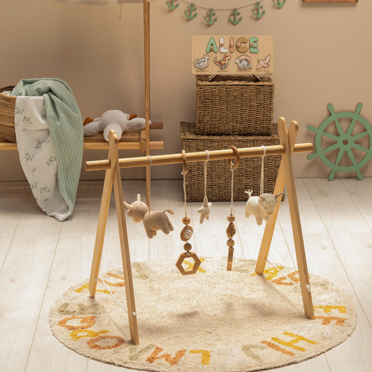 Highland Cow Wooden Baby Gym with Crocheted Toys – handmade wooden baby gym, photo 10