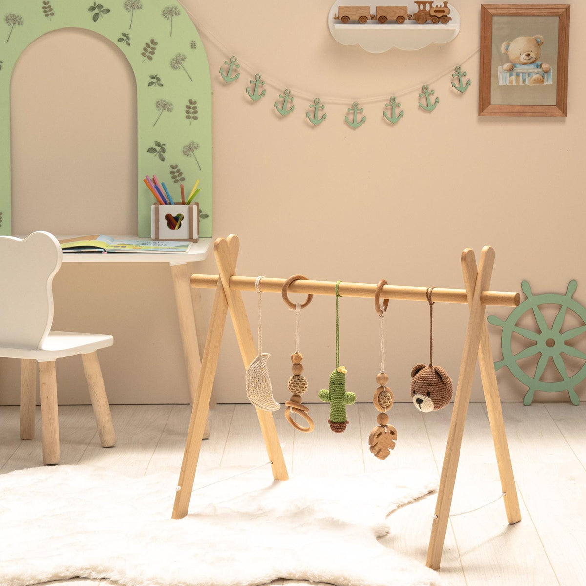 Cactus & Bear Wooden Baby Gym with Crocheted Toys – handmade wooden toy, photo 3