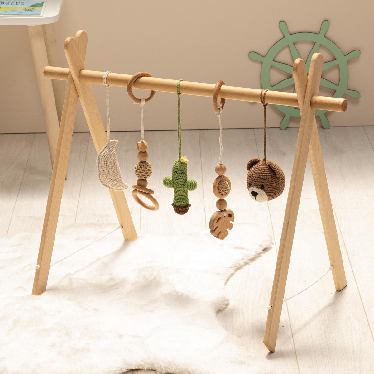 Cactus & Bear Wooden Baby Gym with Crocheted Toys – handmade wooden toy, photo 1