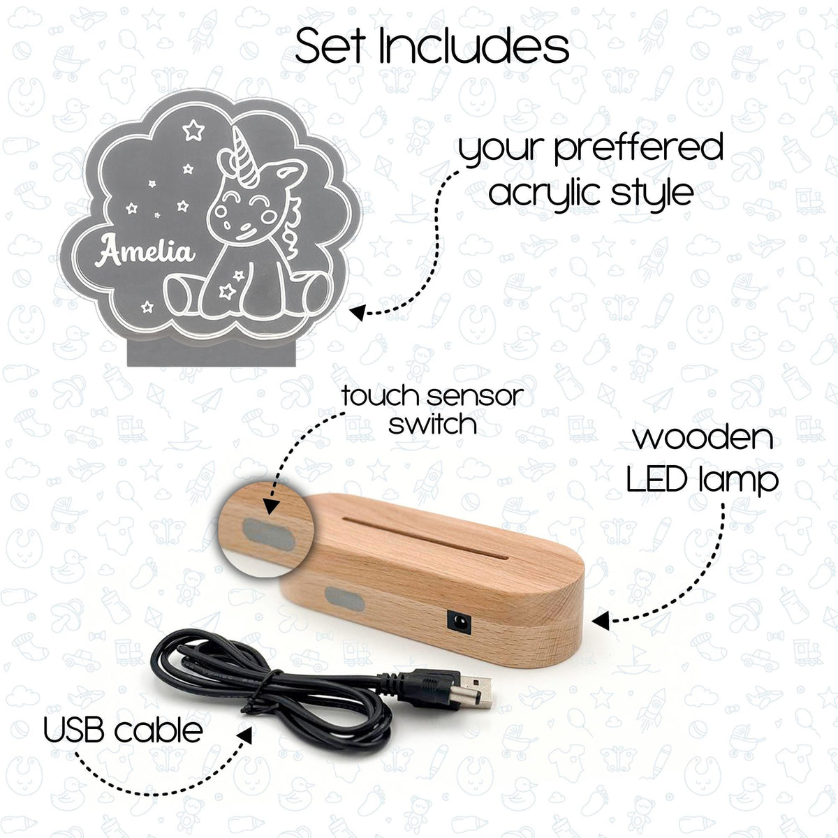 Name night light set: acrylic panel, wooden LED base with touch switch and USB cable