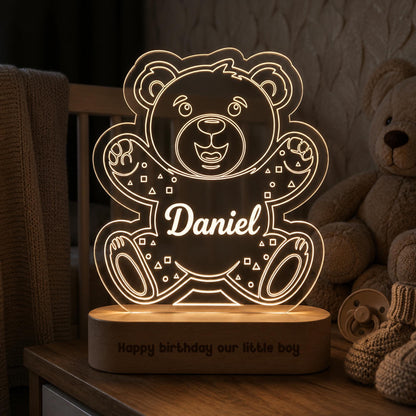 Personalized teddy bear name night light with wooden base